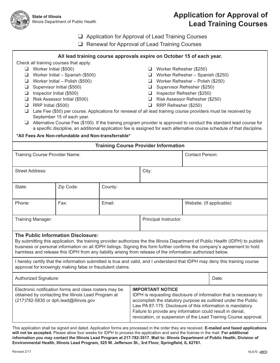 Form 16-670 Application for Approval of Lead Training Courses - Illinois, Page 1
