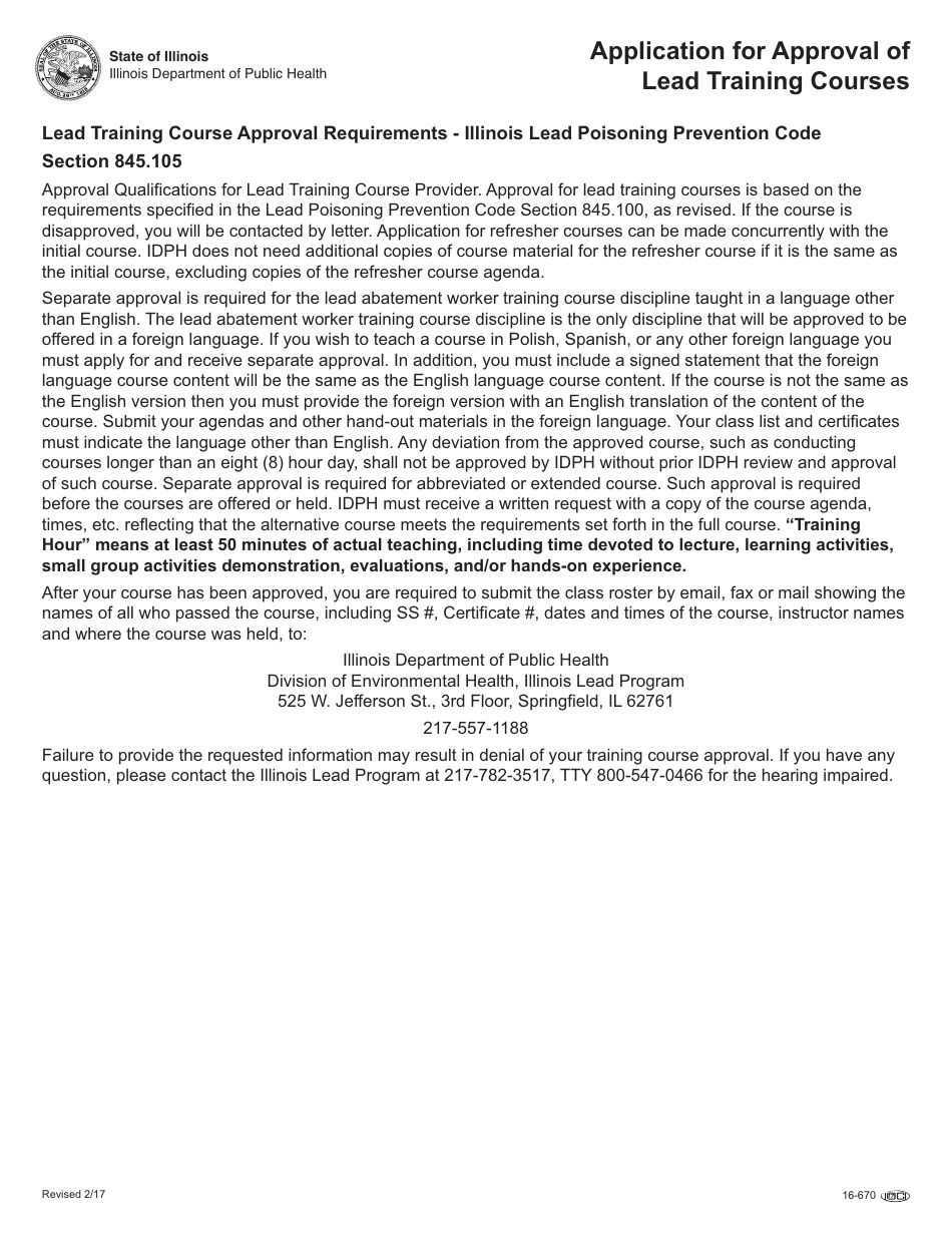 Form 16-670 Application for Approval of Lead Training Courses - Illinois, Page 2