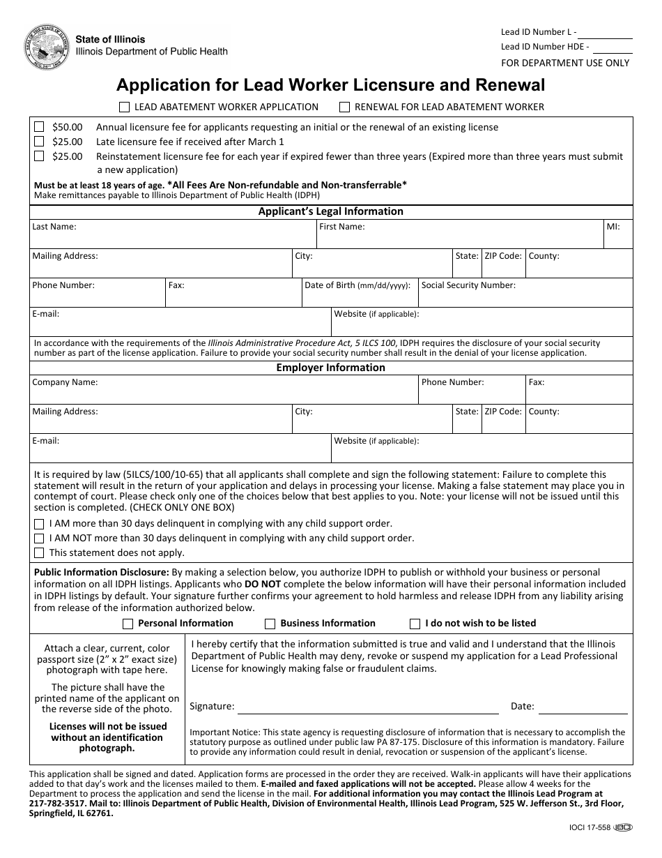 Form IOCI17-558 Application for Lead Worker Licensure and Renewal - Illinois, Page 1