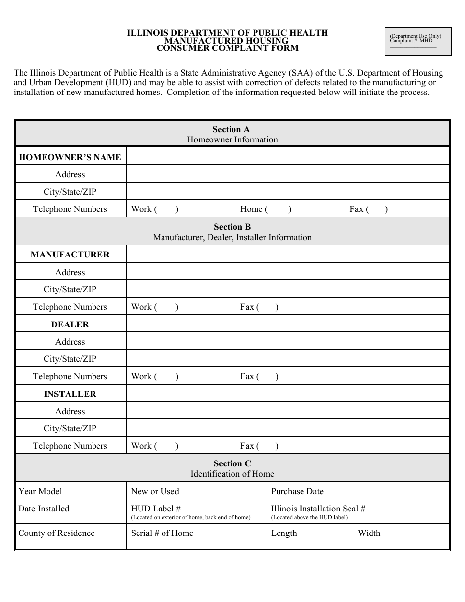Form IL-482-1057 Manufactured Housing Consumer Complaint Form - Illinois, Page 1