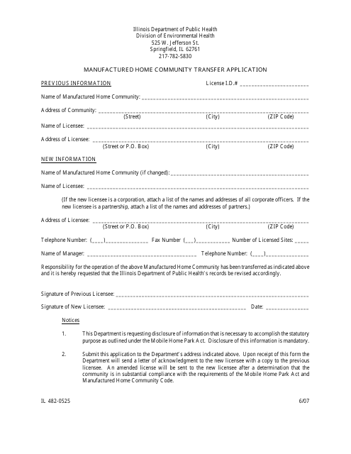 Form IL482-0525 Manufactured Home Community Transfer Application - Illinois