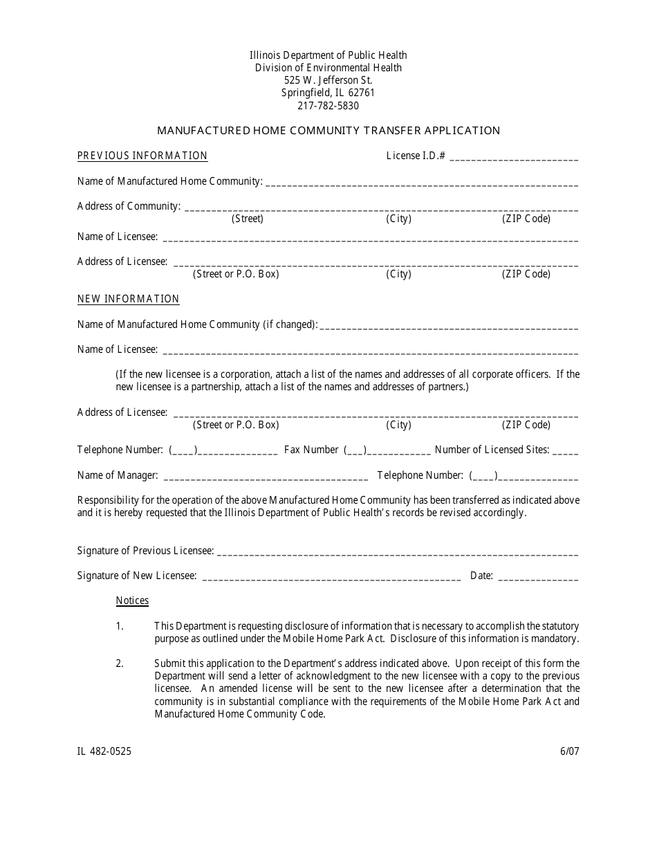 Form IL482-0525 Manufactured Home Community Transfer Application - Illinois, Page 1