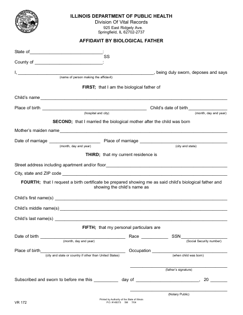 Form VR172 Affidavit by Biological Father - Illinois