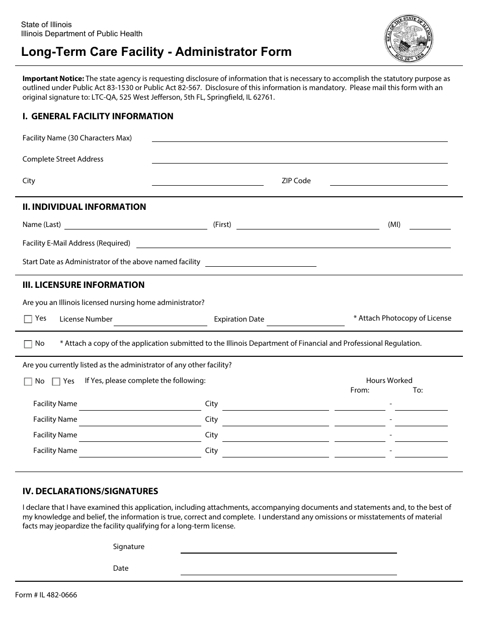 Form IL482-0666 Long-Term Care Facility - Administrator Form - Illinois, Page 1