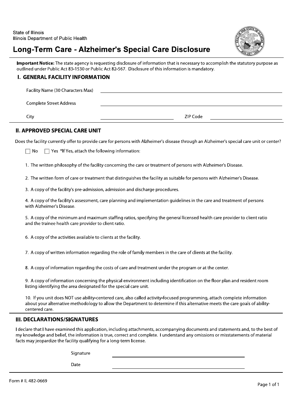 Form IL482-0669 Long-Term Care - Alzheimer's Special Care Disclosure - Illinois, Page 1