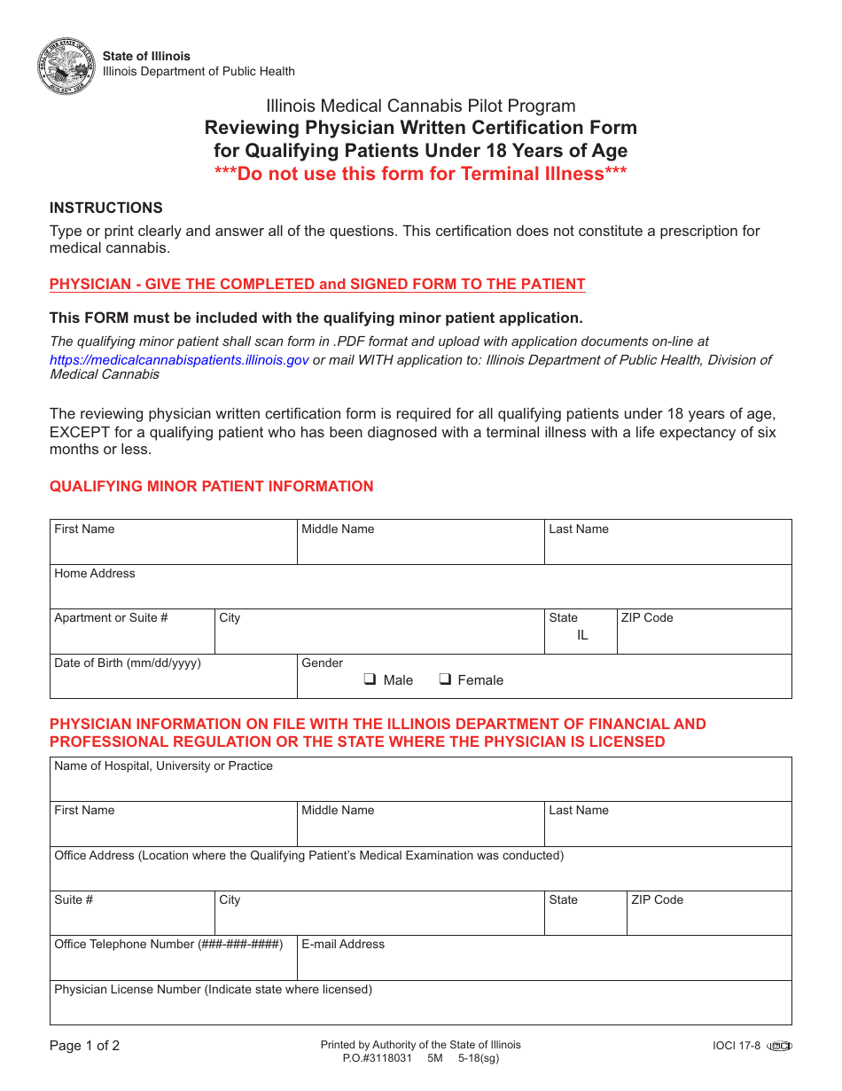 Reviewing Physician Written Certification Form for Qualifying Patients Under 18 Years of Age - Illinois, Page 1