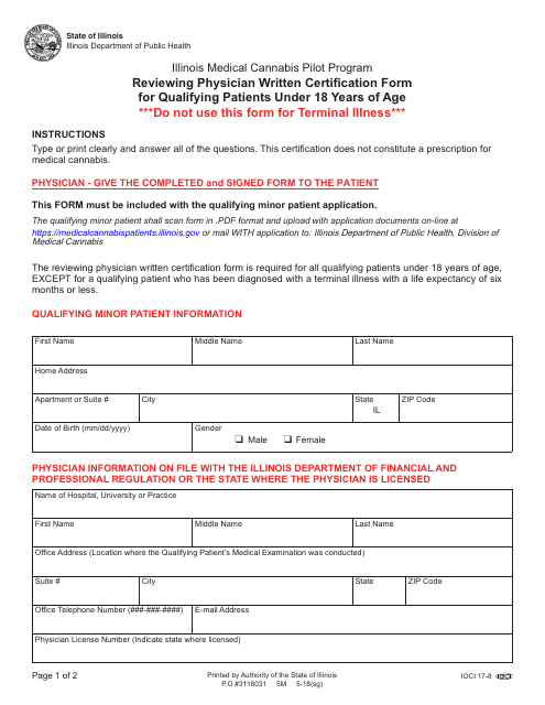 Reviewing Physician Written Certification Form for Qualifying Patients Under 18 Years of Age - Illinois Download Pdf