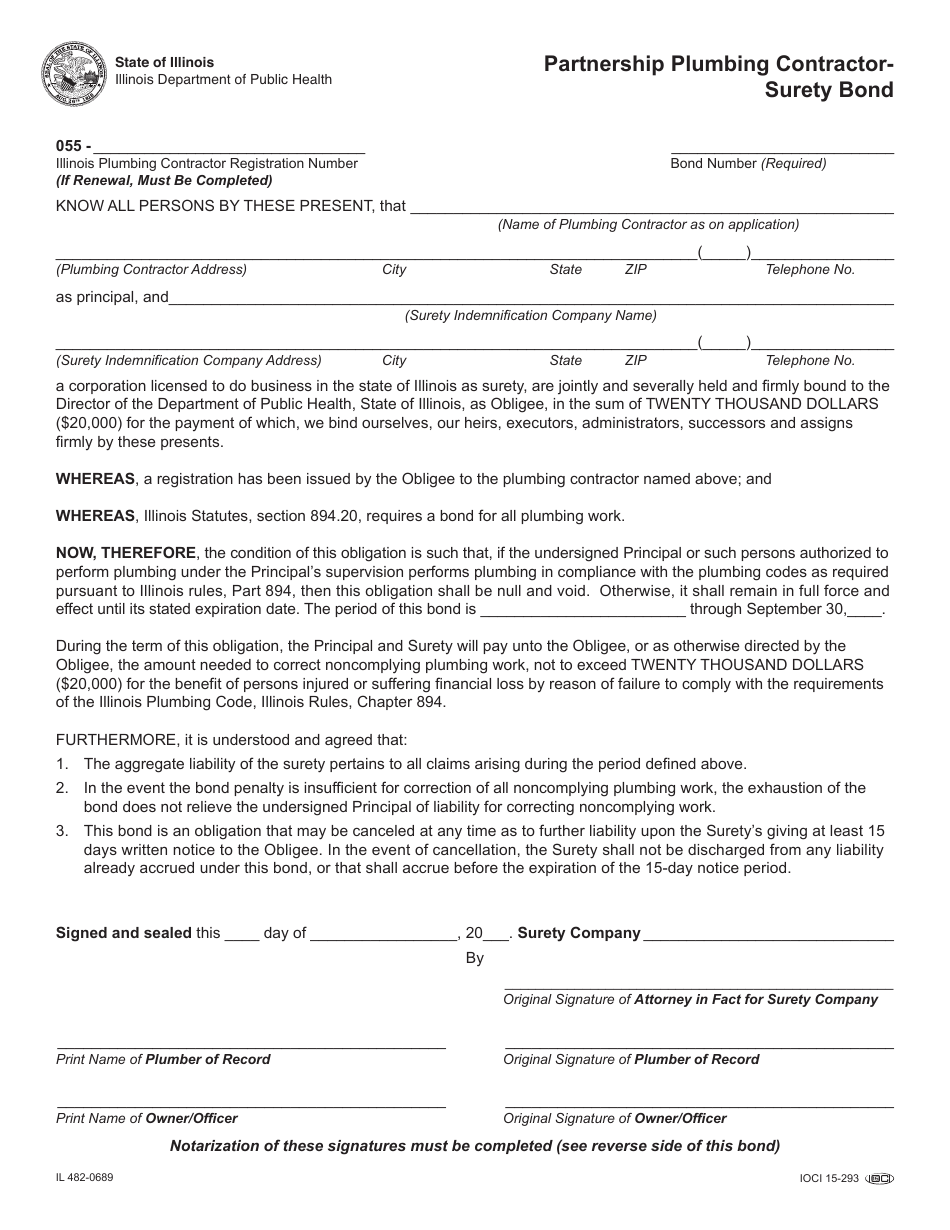 Form IL482-0689 Partnership Plumbing Contractor - Surety Bond - Illinois, Page 1