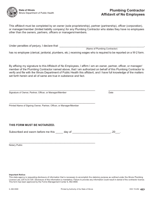 Form IL482-0680 Plumbing Contractor Affidavit of No Employees - Illinois