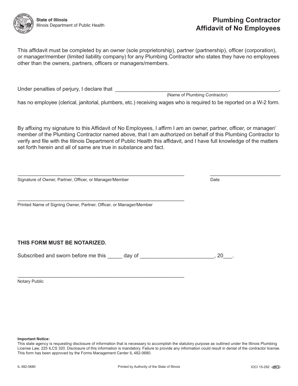 Form IL482-0680 Plumbing Contractor Affidavit of No Employees - Illinois, Page 1