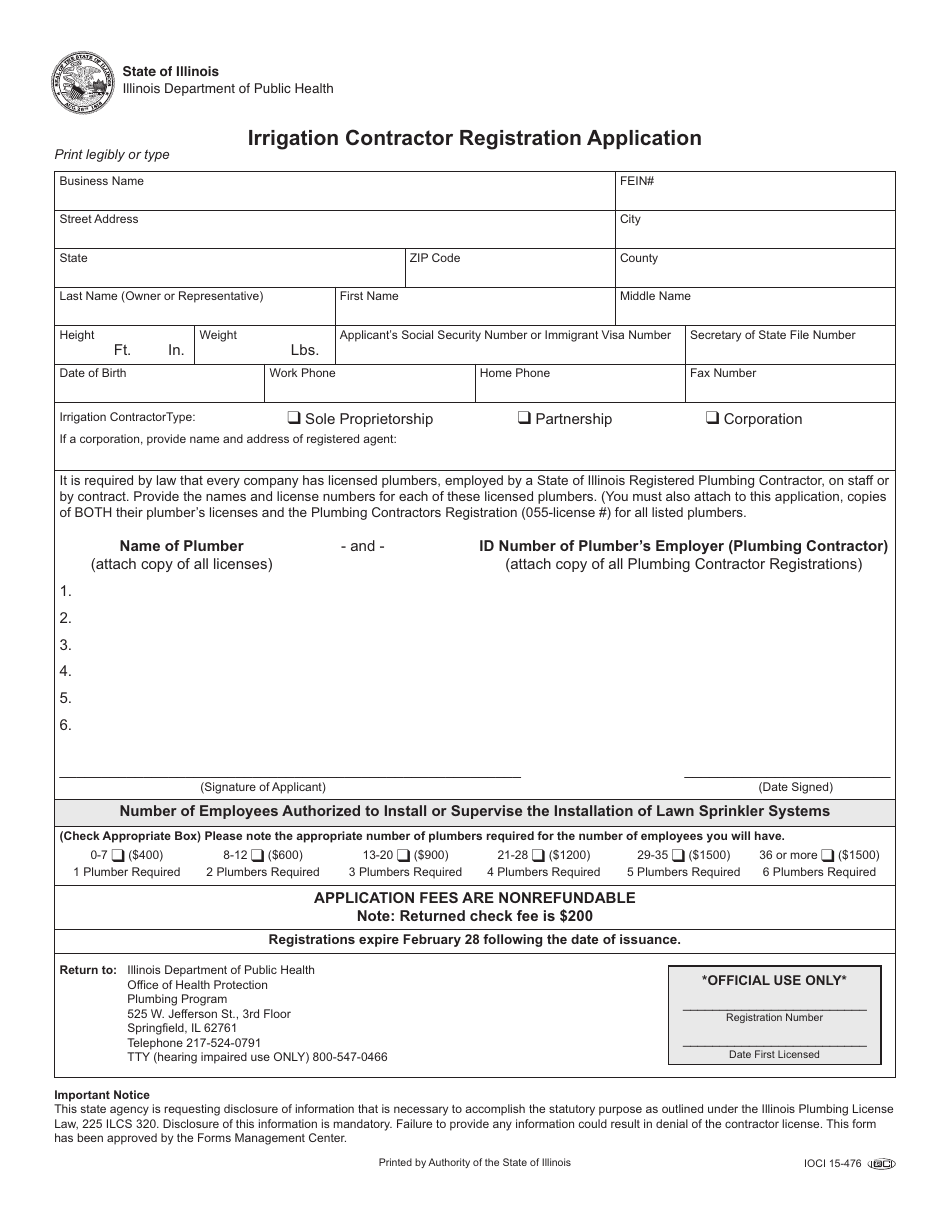 Irrigation Contractor Registration Application - Illinois, Page 1