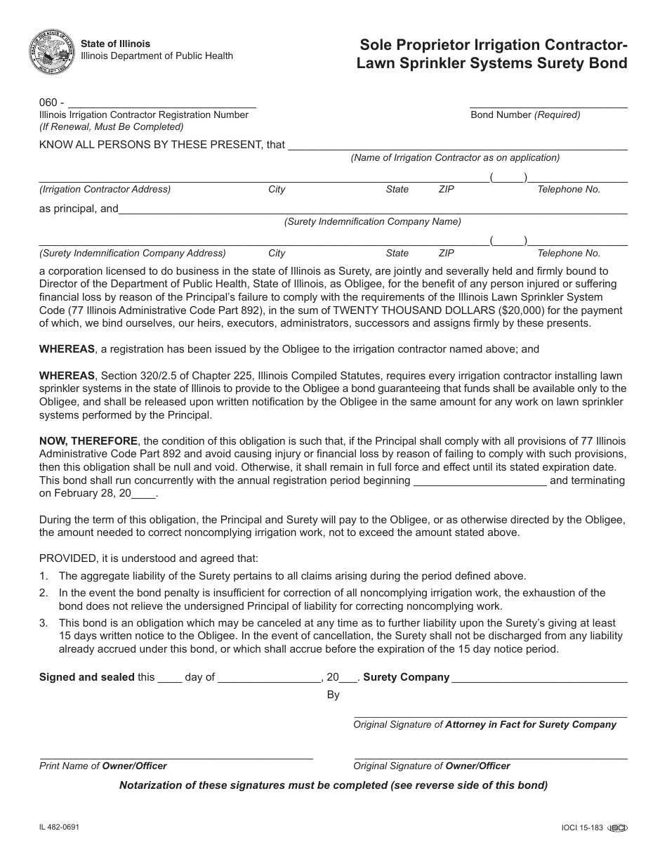 Form IL482-0691 Sole Proprietor Irrigation Contractor - Lawn Sprinkler Systems Surety Bond - Illinois, Page 1