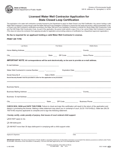 Form IL482-0685 Licensed Water Well Contractor Application for State Closed Loop Certification - Illinois