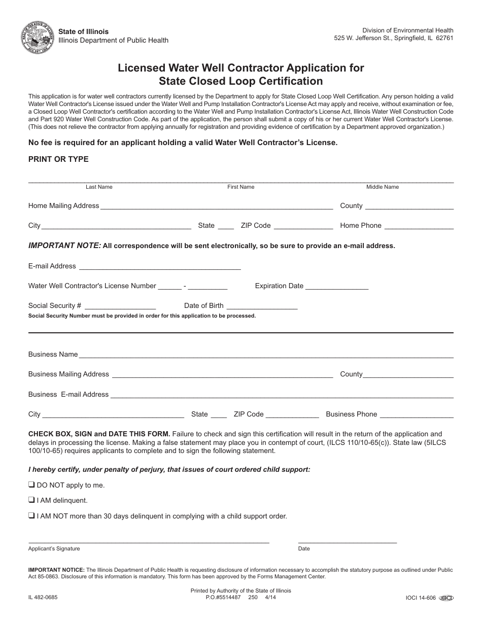 Form IL482-0685 Licensed Water Well Contractor Application for State Closed Loop Certification - Illinois, Page 1