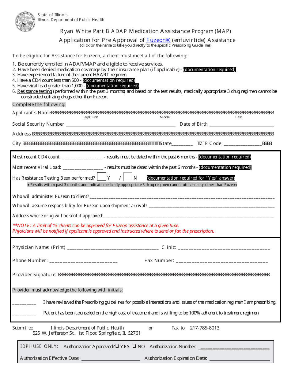 Ryan White Part B Adap Medication Assistance Program (Map) Application for Pre Approval of Fuzeon (Enfuvirtide) Assistance - Illinois, Page 1