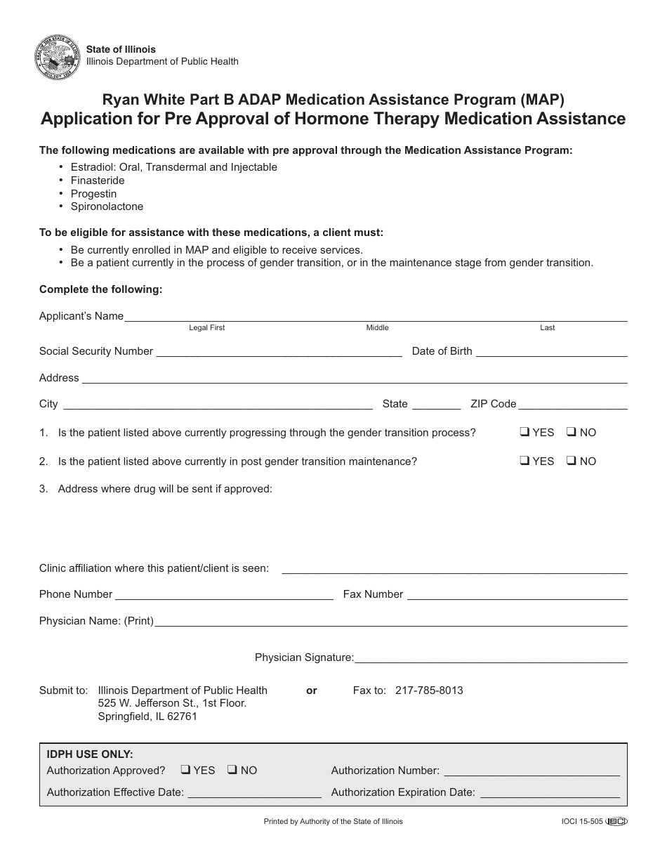 Ryan White Part B Adap Medication Assistance Program (Map) Application for Pre Approval of Hormone Therapy Medication Assistance - Illinois, Page 1