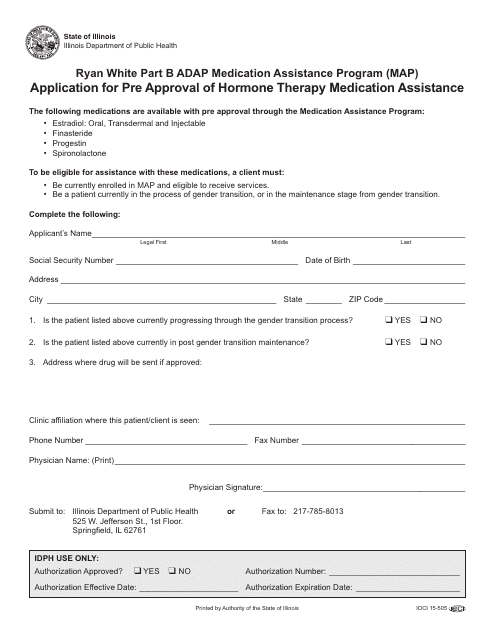 Ryan White Part B Adap Medication Assistance Program (Map) Application for Pre Approval of Hormone Therapy Medication Assistance - Illinois Download Pdf