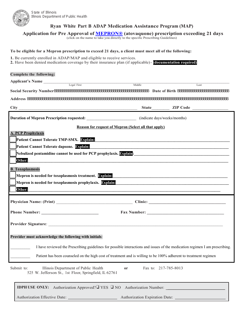 Ryan White Part B Adap Medication Assistance Program (Map) Application for Pre Approval of Mepron (Atovaquone) Prescription Exceeding 21 Days - Illinois, Page 1