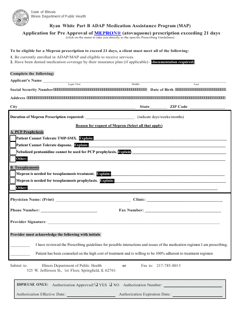 Ryan White Part B Adap Medication Assistance Program (Map) Application for Pre Approval of Mepron (Atovaquone) Prescription Exceeding 21 Days - Illinois Download Pdf
