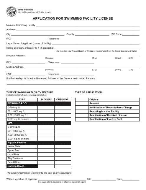 Form IL482-0105 Application for Swimming Facility License - Illinois