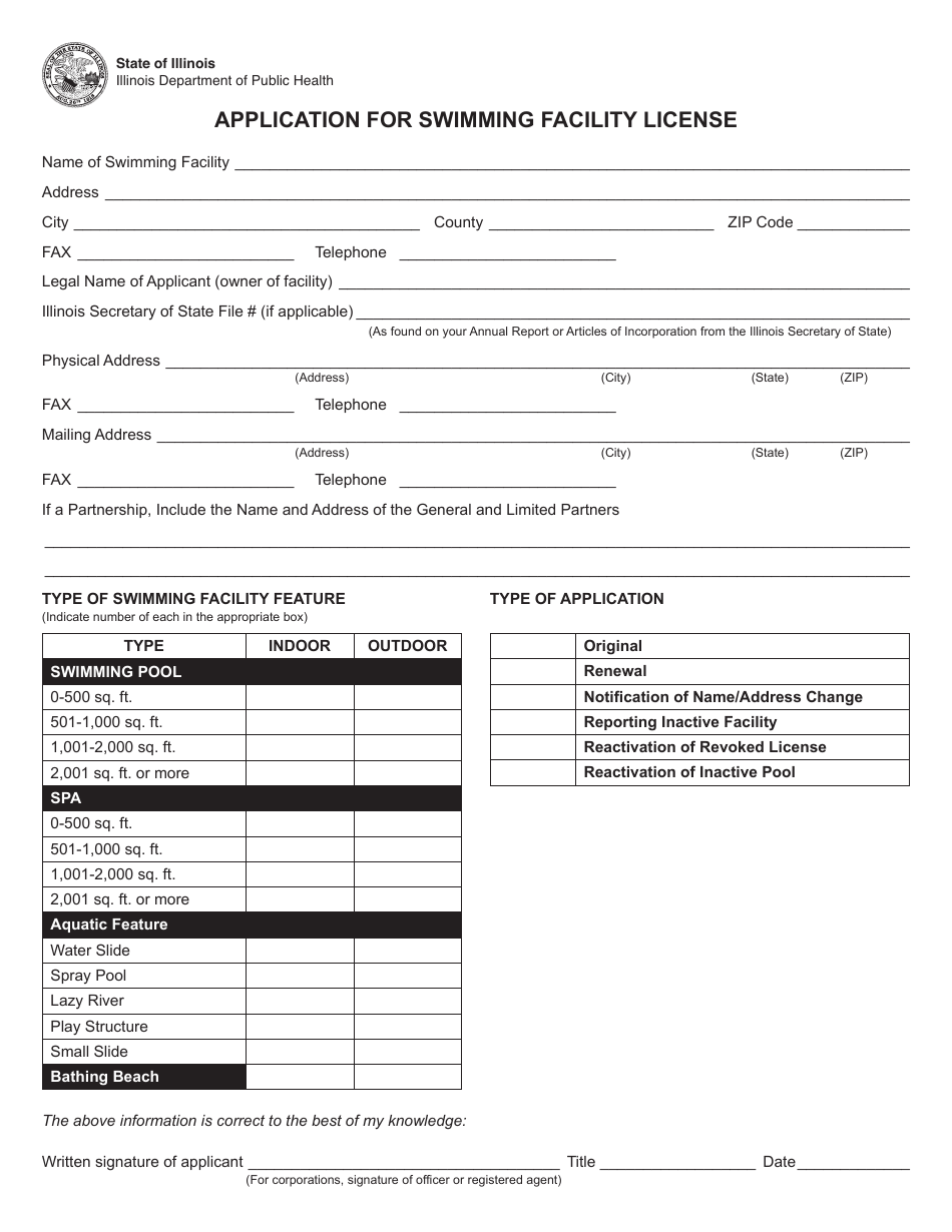 Form IL482-0105 Application for Swimming Facility License - Illinois, Page 1