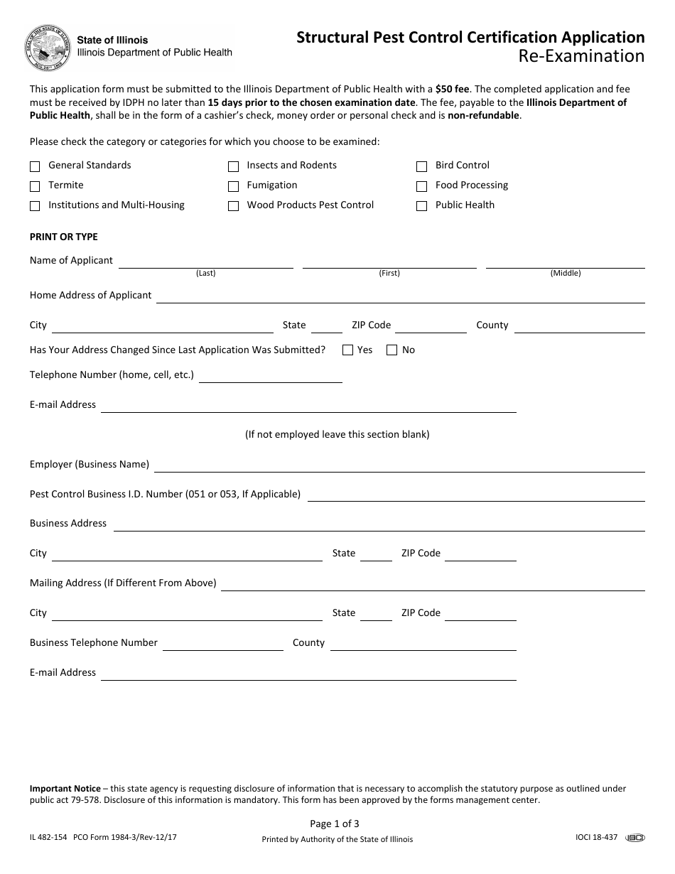 PCO Form 1984-3 (IL482-154) Structural Pest Control Certification Application Re-examination - Illinois, Page 1