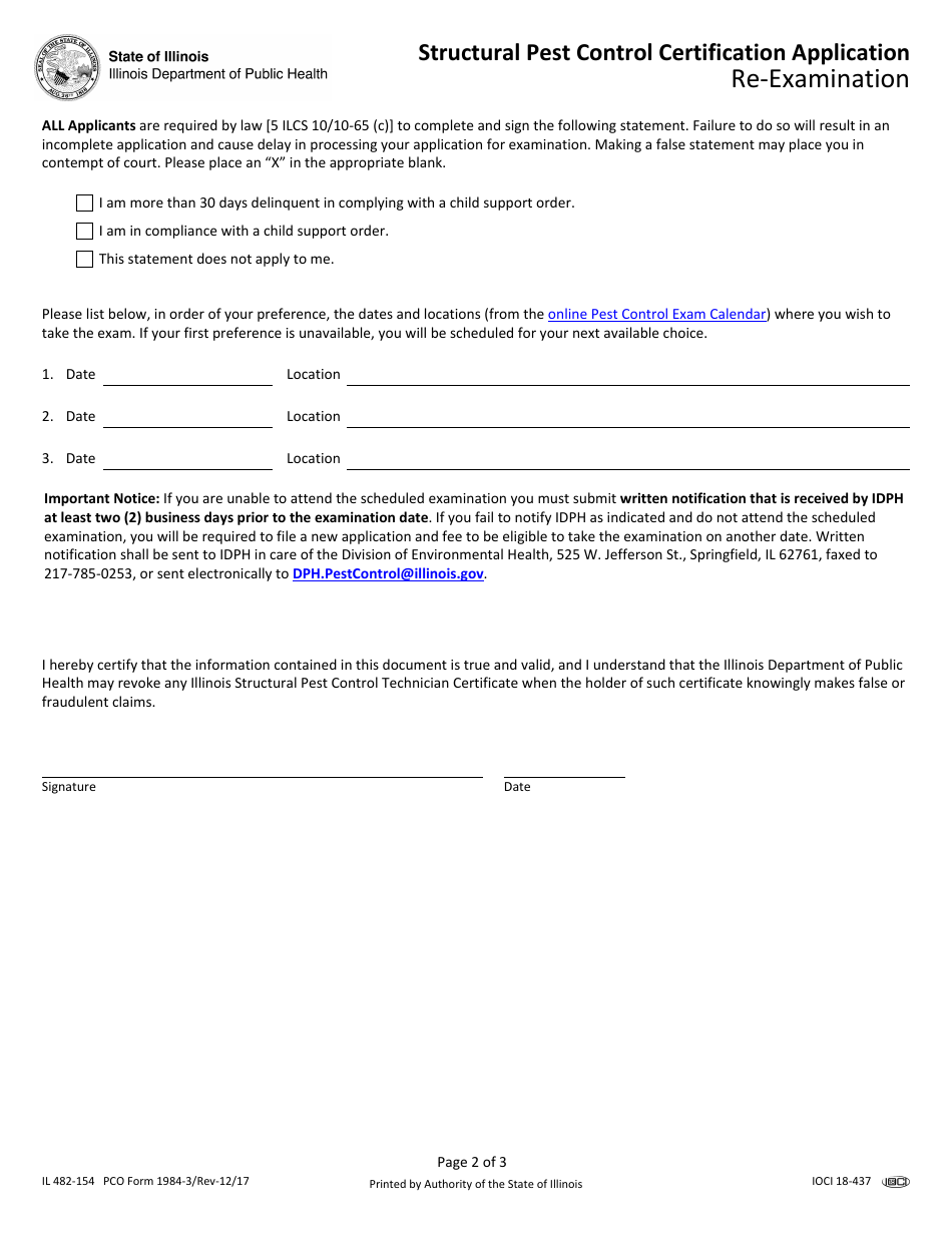 PCO Form 1984-3 (IL482-154) Structural Pest Control Certification Application Re-examination - Illinois, Page 2