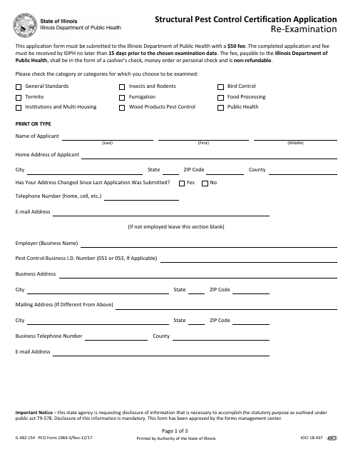 PCO Form 1984-3 (IL482-154) Structural Pest Control Certification Application Re-examination - Illinois