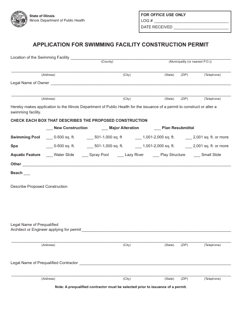 Form IL482-0107 Application for Swimming Facility Construction Permit - Illinois