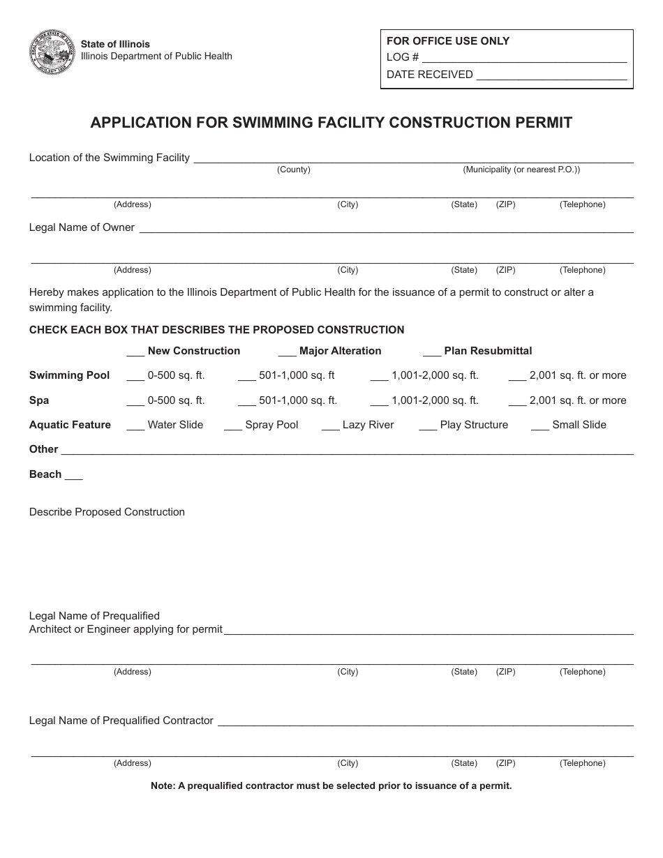 Form IL482-0107 Application for Swimming Facility Construction Permit - Illinois, Page 1