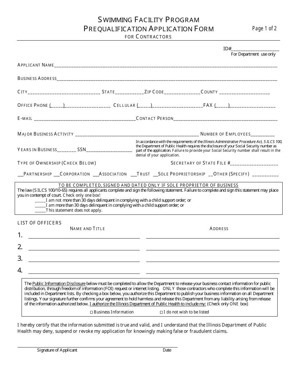 Prequalification Application Form for Contractors - Swimming Facility Program - Illinois, Page 3