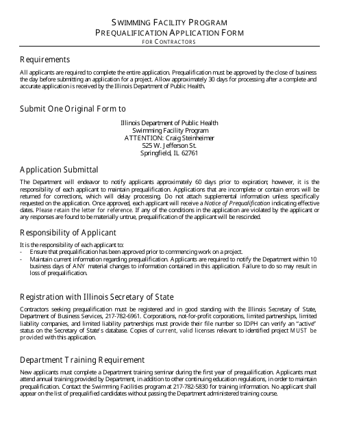 Prequalification Application Form for Contractors - Swimming Facility Program - Illinois Download Pdf