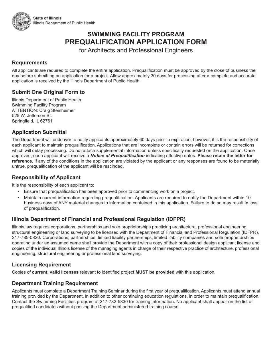 Swimming Facility Program Prequalification Application Form for Architects and Professional Engineers - Illinois, Page 1