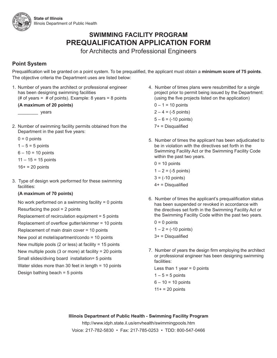 Swimming Facility Program Prequalification Application Form for Architects and Professional Engineers - Illinois, Page 2