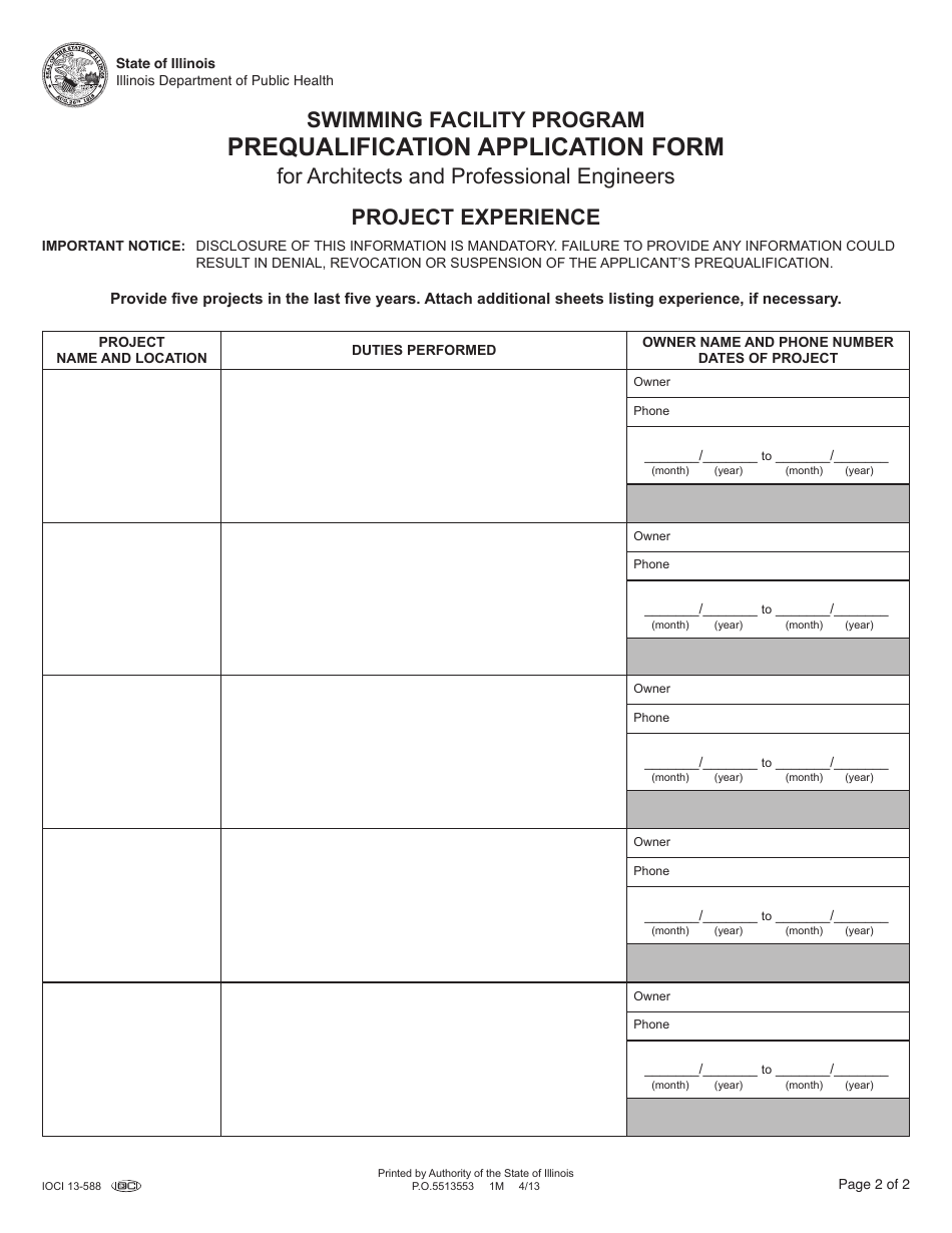 Swimming Facility Program Prequalification Application Form for Architects and Professional Engineers - Illinois, Page 4