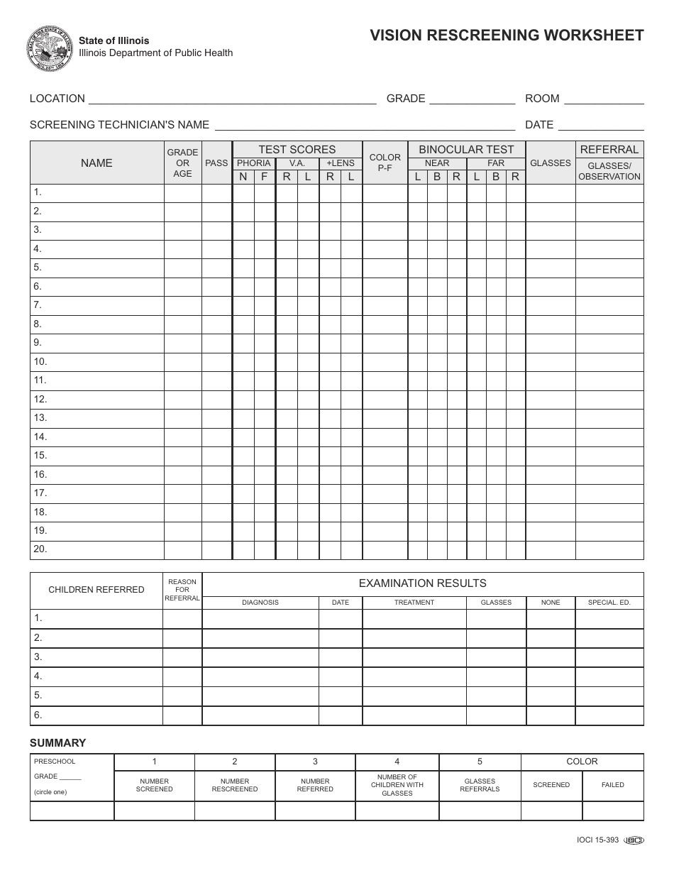 Form IOCI15-393 Vision Rescreening Worksheet - Illinois, Page 1