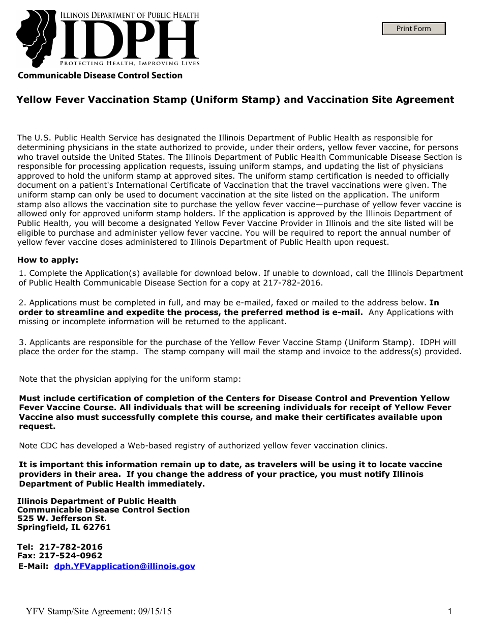 Yellow Fever Vaccination Stamp (Uniform Stamp) and Vaccination Site Agreement - Illinois, Page 1