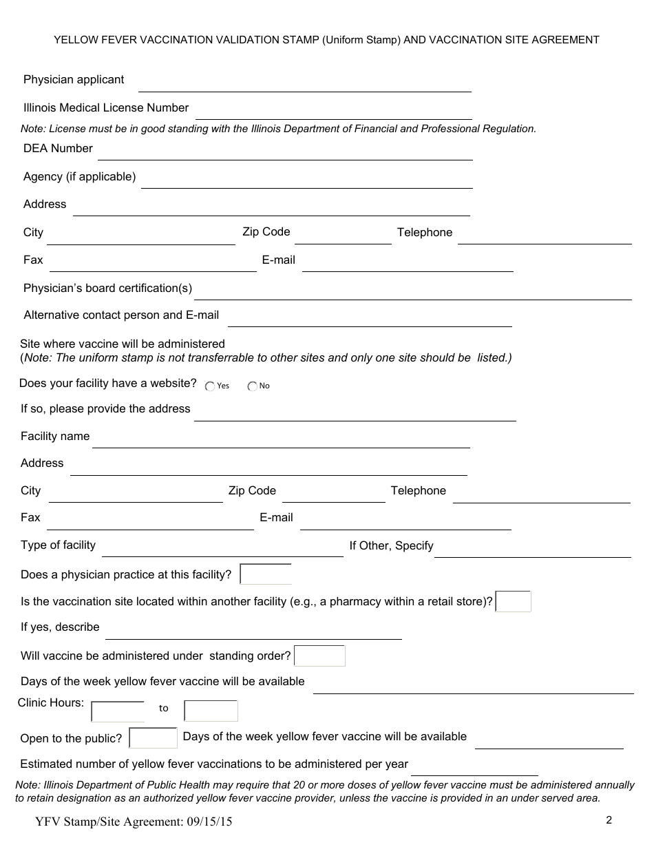 Yellow Fever Vaccination Stamp (Uniform Stamp) and Vaccination Site Agreement - Illinois, Page 2