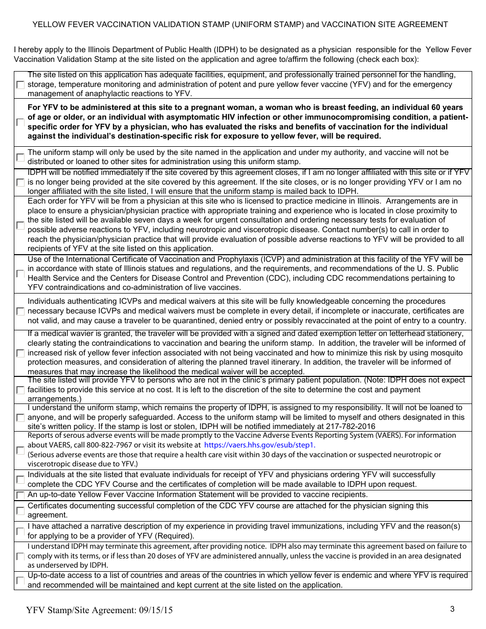 Yellow Fever Vaccination Stamp (Uniform Stamp) and Vaccination Site Agreement - Illinois, Page 3