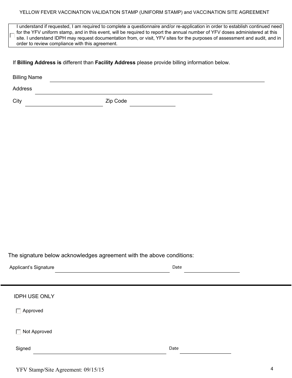 Yellow Fever Vaccination Stamp (Uniform Stamp) and Vaccination Site Agreement - Illinois, Page 4