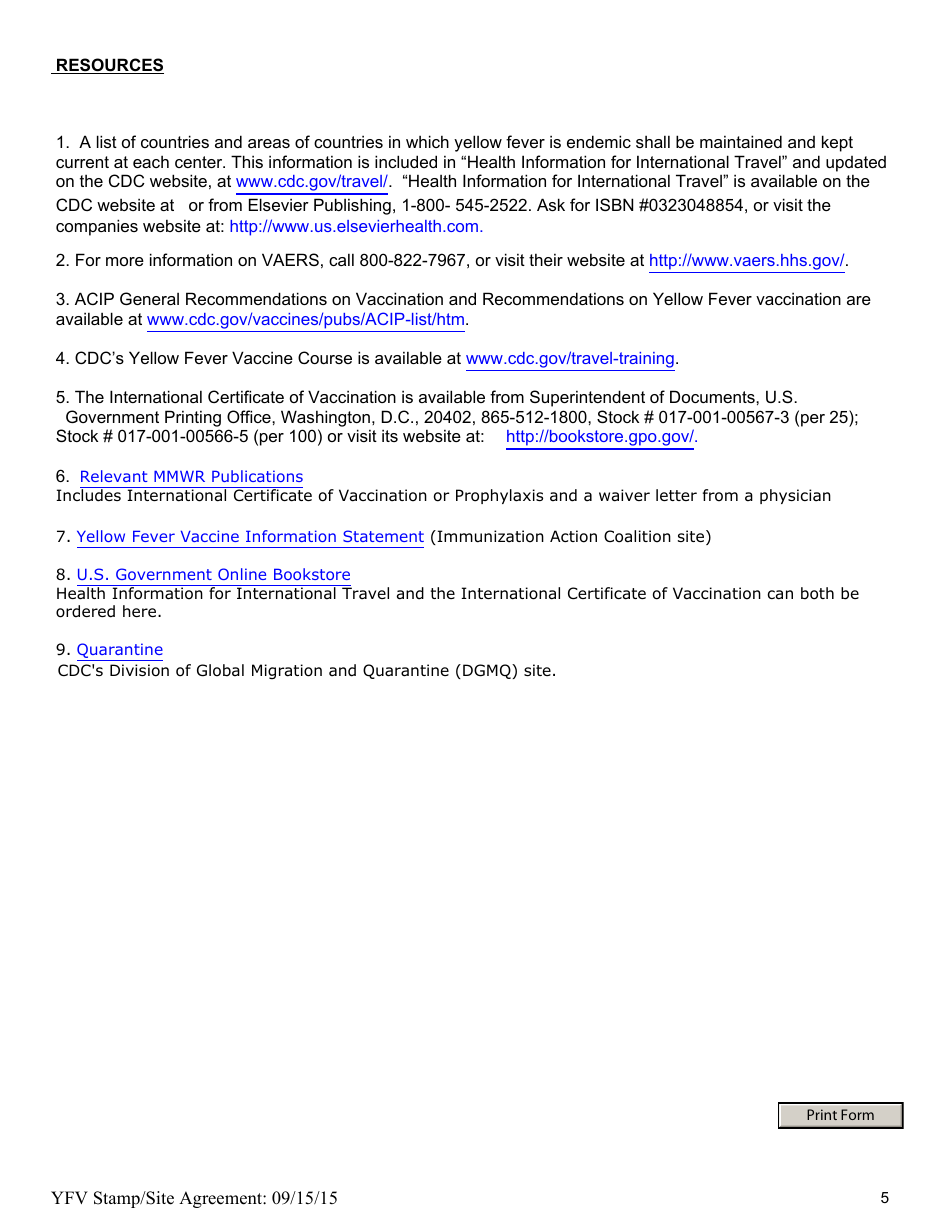 Yellow Fever Vaccination Stamp (Uniform Stamp) and Vaccination Site Agreement - Illinois, Page 5