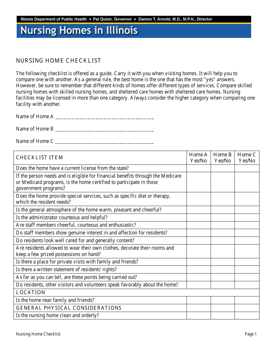 Illinois Nursing Home Checklist Download Printable PDF | Templateroller