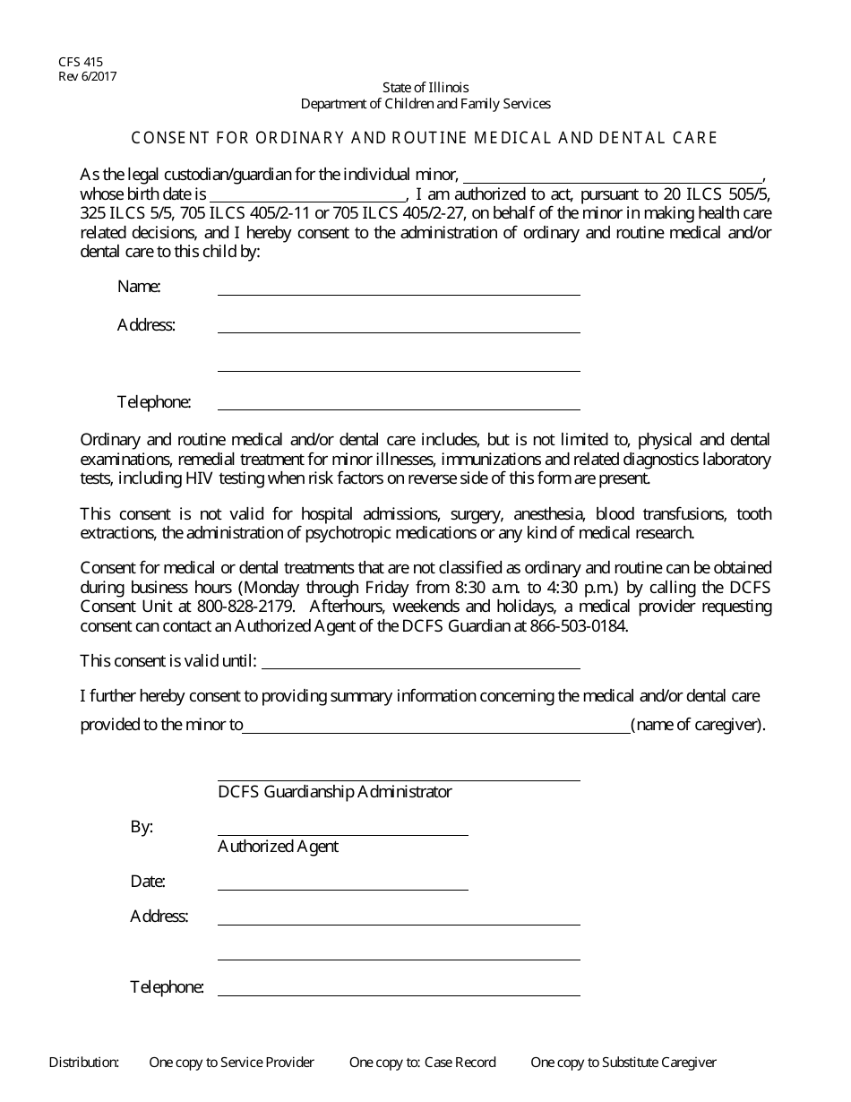 Form CFS415 Consent for Ordinary and Routine Medical and Dental Care - Illinois, Page 1