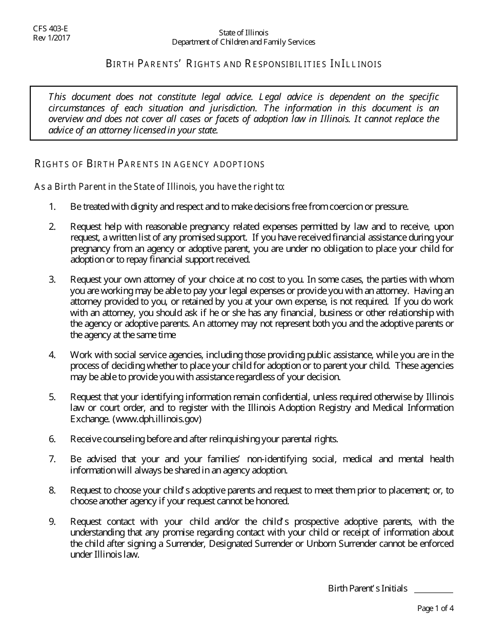 Form CFS403-E Birth Parents Rights and Responsibilities in Illinois - Illinois, Page 1