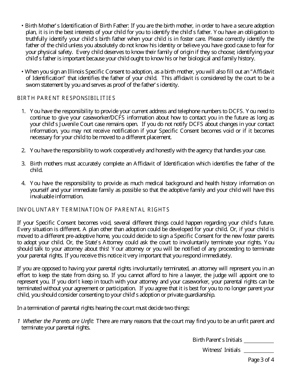 Form CFS403-C Birth Parents Rights and Responsibilities in Illinois for Final and Irrevocable Consents to Adoption by a Specified Person or Persons - Dcfs Cases - Illinois, Page 3