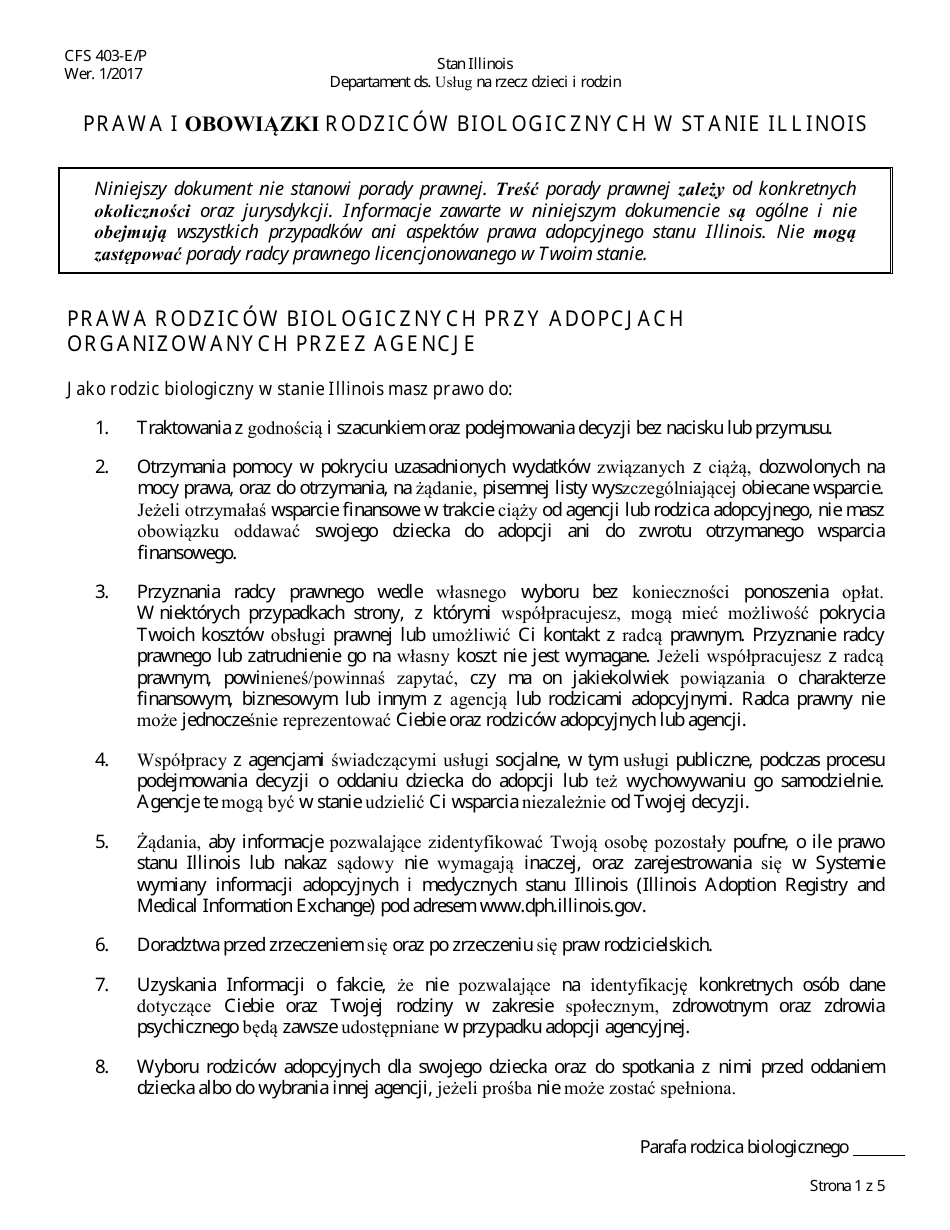 Form CFS403-E / P Birth Parents Rights and Responsibilities in Illinois - Illinois (Polish), Page 1