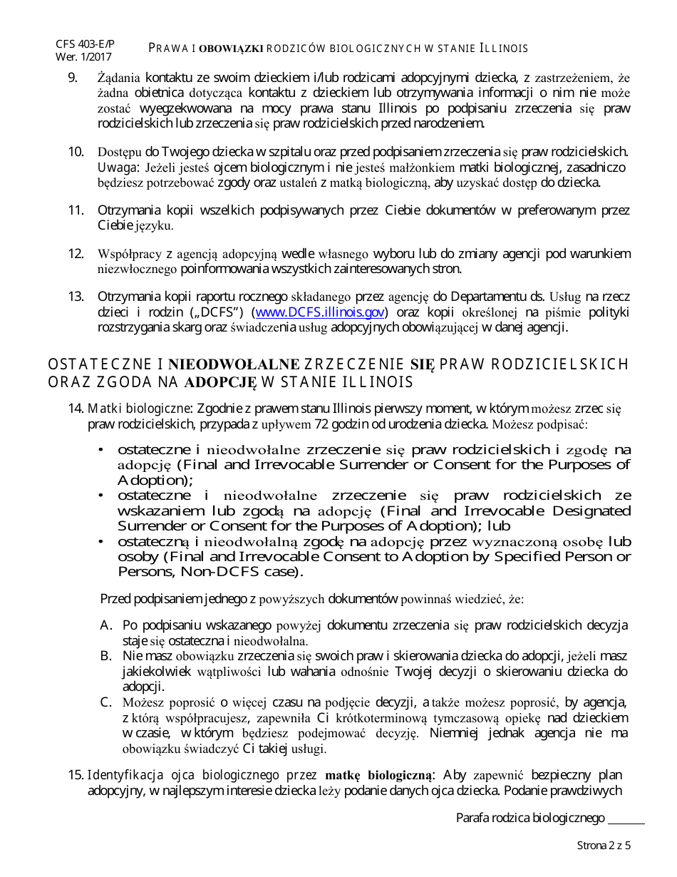 Form CFS403-E / P Birth Parents Rights and Responsibilities in Illinois - Illinois (Polish), Page 2
