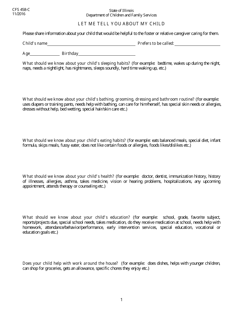 Form CFS458-C Let Me Tell You About My Child - Illinois, Page 1