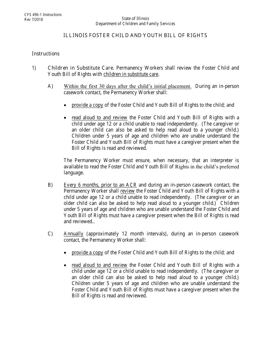 Form CFS496-1 Illinois Foster Child and Youth Foster Bill of Rights - Illinois, Page 1