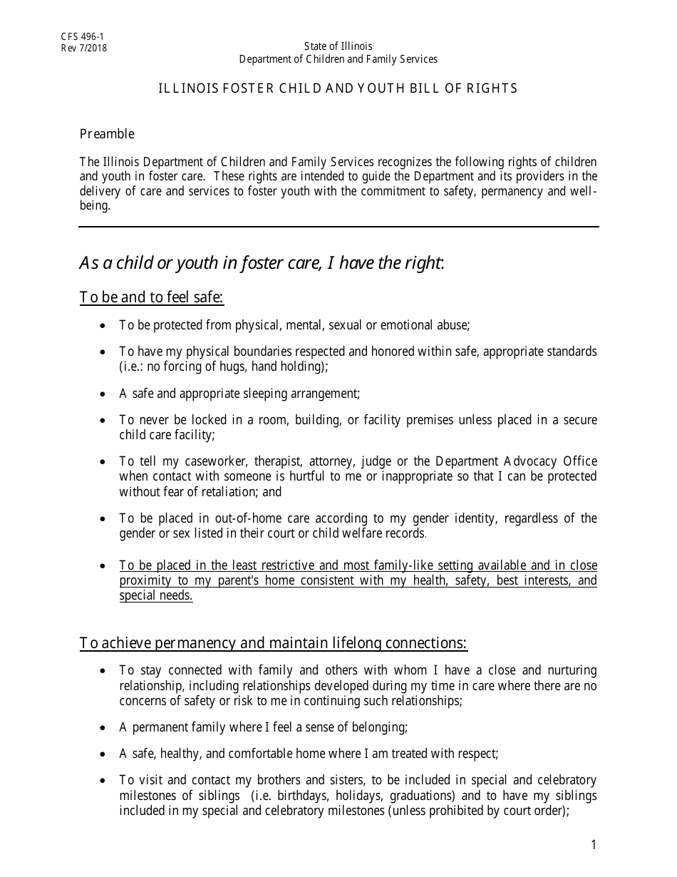 Form CFS496-1 Illinois Foster Child and Youth Foster Bill of Rights - Illinois, Page 3